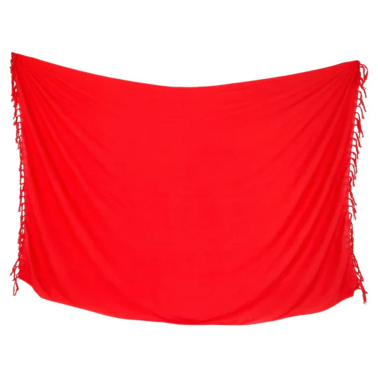 Röd enfärgad sarong i rayon med knutna fransar