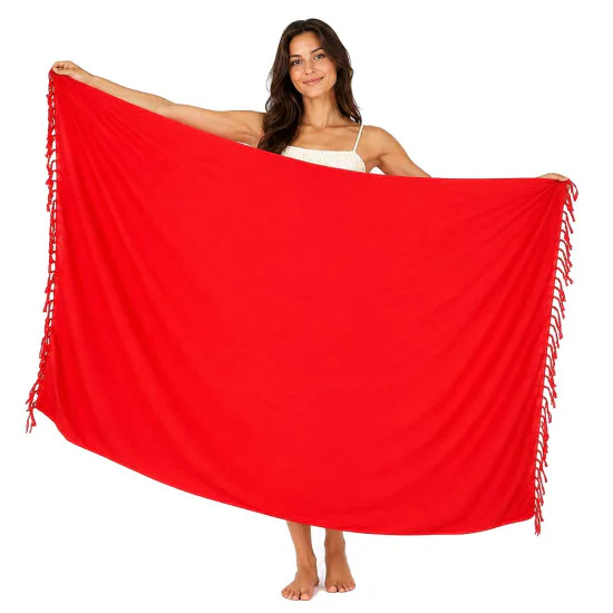 Röd enfärgad sarong i rayon med knutna fransar