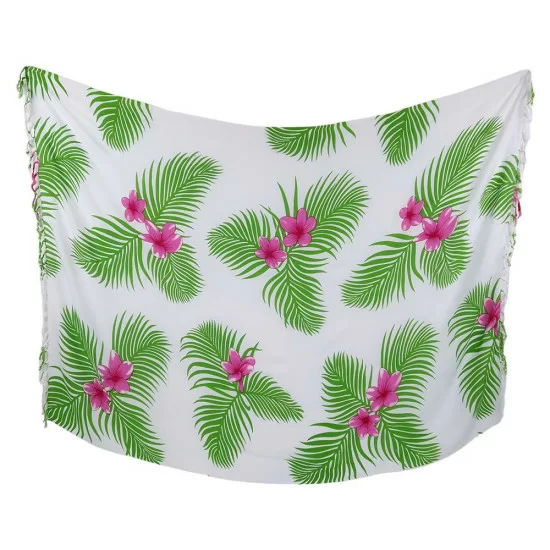 Vit sarong med blom- och bladtryck grön och cerise färg