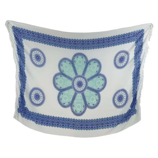 Stor vit sarong med blå ram och Mandala-tryck i mintgrön nyans