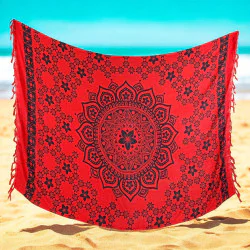 Sarong i rött med svart mandalamotiv och fransar