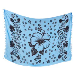 Blå sarong med svarta hibiskusblommor och dekorativt blomtryck