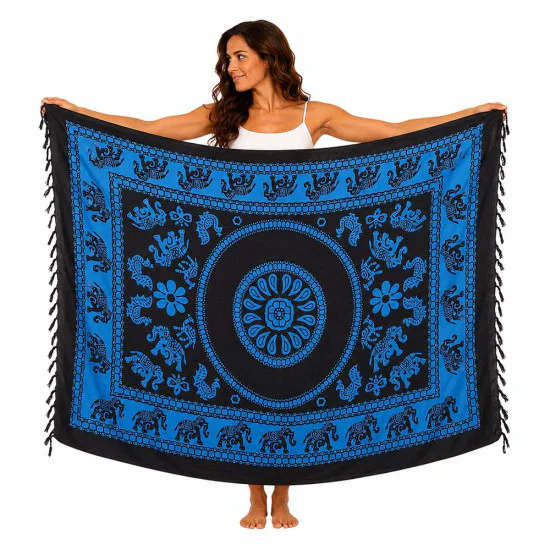 Blå sarong med svart elefantmönster och knutna fransar