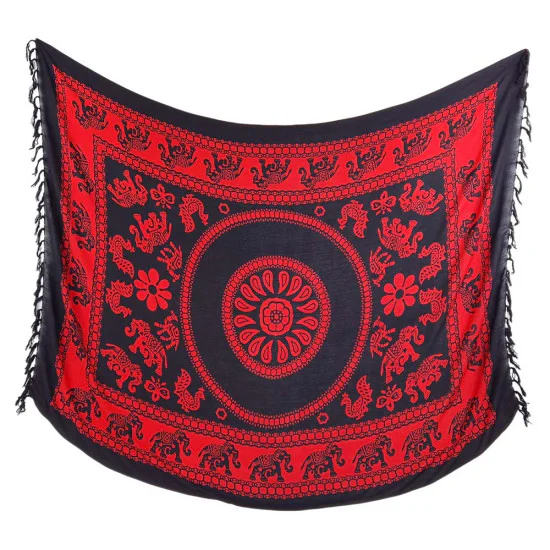 Röd sarong med vita elefanter i mjukt fallande tyg