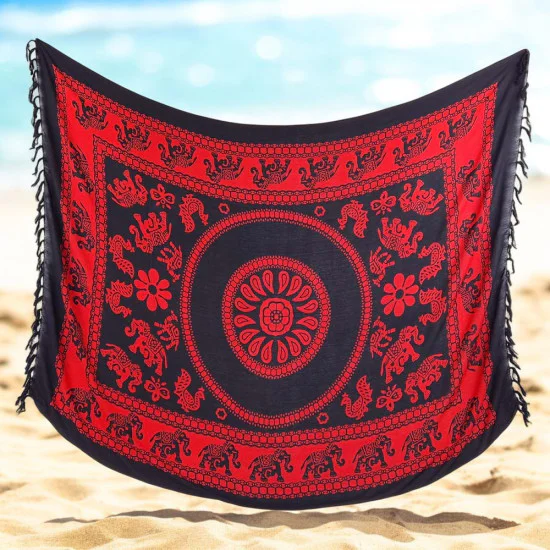 Röd sarong med vita elefanter i mjukt fallande tyg