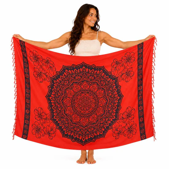 Röd sarong med vitt lotusmönster och mandala detaljer