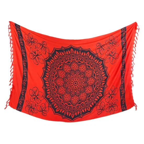 Röd sarong med vitt lotusmönster och mandala detaljer