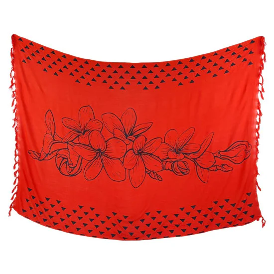 Röd sarong med vita hibiskusblommor i tunnare tyg