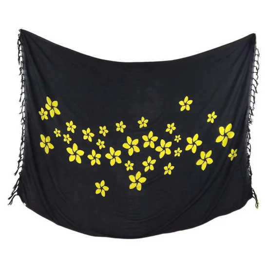 Svart sarong med gula frangipaniblommor och fransar