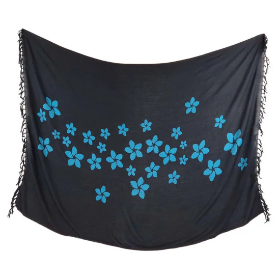 Svart sarong med turkosblå frangipaniblommor