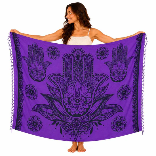 Lila sarong med svart Hamsa- och mandalamönster