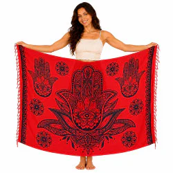 Röd sarong med svart Hamsa- och mandalamönster