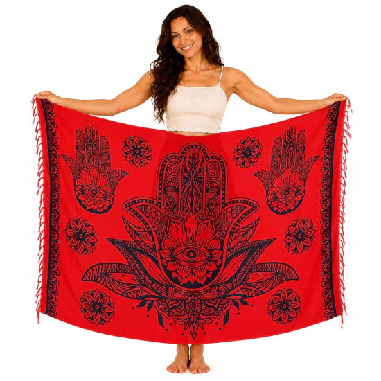 Röd sarong med svart Hamsa- och mandalamönster