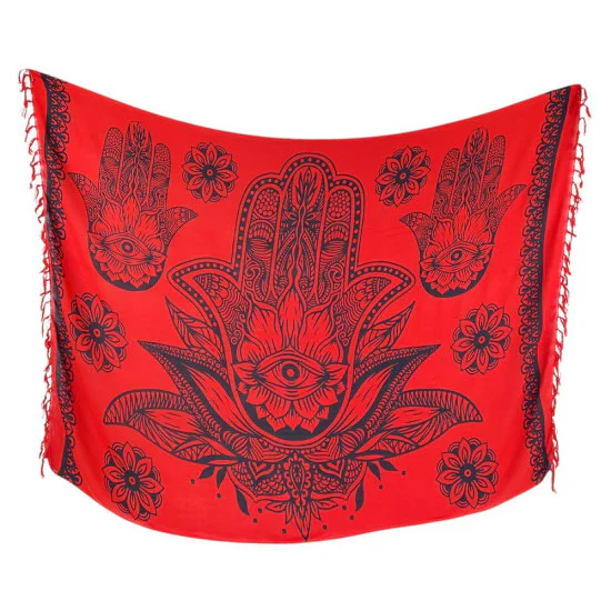 Röd sarong med svart Hamsa- och mandalamönster