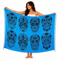 Blå sarong med svarta Calavera-dödskallar