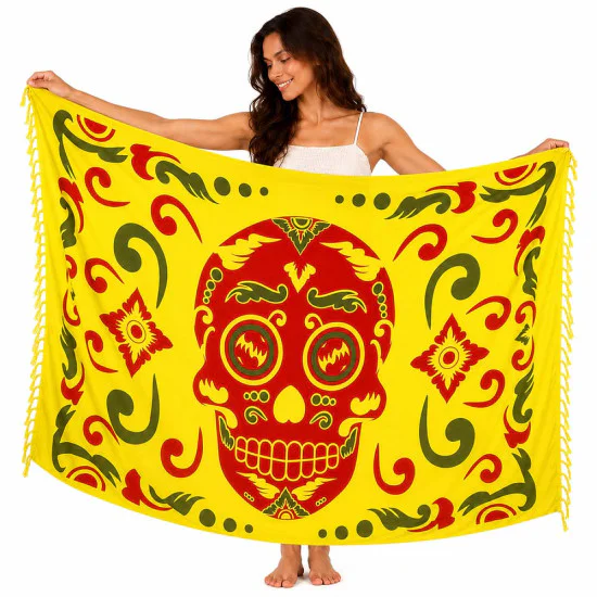 Gul sarong med röd Calavera-dödskalle och ornament