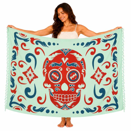 Ljusgrön sarong med rött Calavera-motiv och ornament