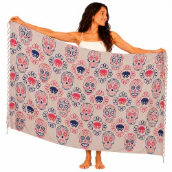 Ljusbeige sarong med rosa och marinblå Calaveramotiv