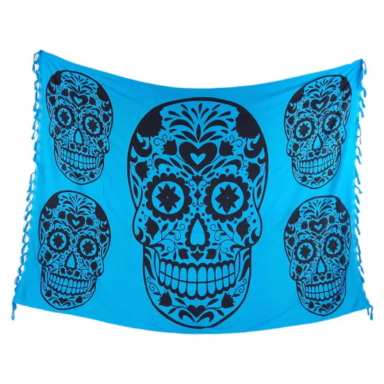Blå sarong med stort svart Calavera-motiv och ornament