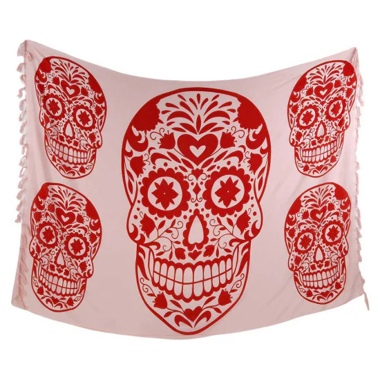 Ljusrosa sarong med röda Calavera-motiv och fransar