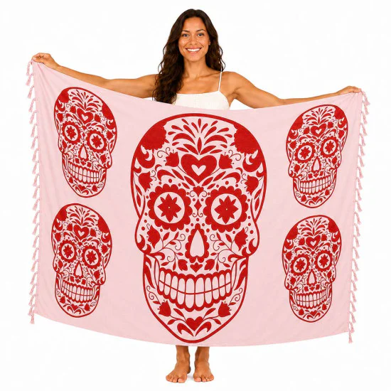 Ljusrosa sarong med röda Calavera-motiv och fransar